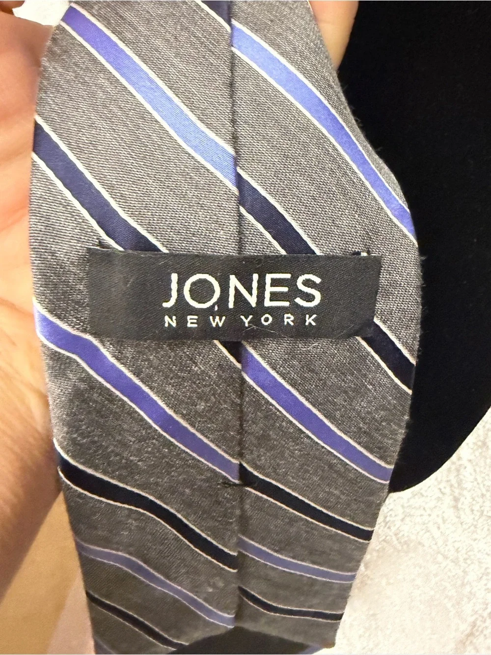 Jones New York Gray and Blue Striped Silk Tie Scarf with Pearl Accents